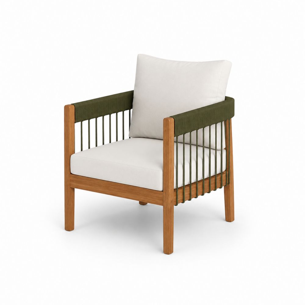 Outdoor-Clubsessel aus Teakholz mit Polyesterseil und Kissen Beige/Grün