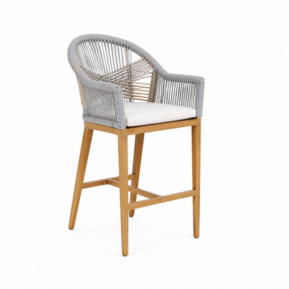 Garten-Barhocker Teakholz Polyesterseil Grau