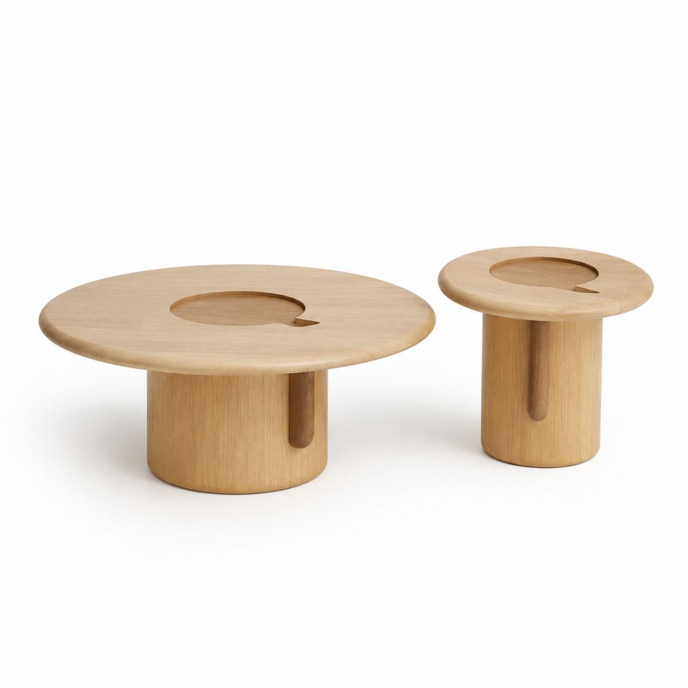 Rundes Couchtisch-Set aus Eichenholz mit Aussparung