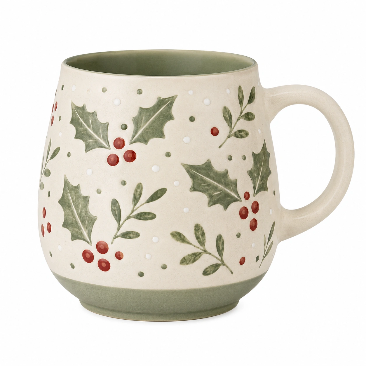 Taza navideña de cerámica con diseño de acebo 350ml verde y rojo-BELLOMAISON