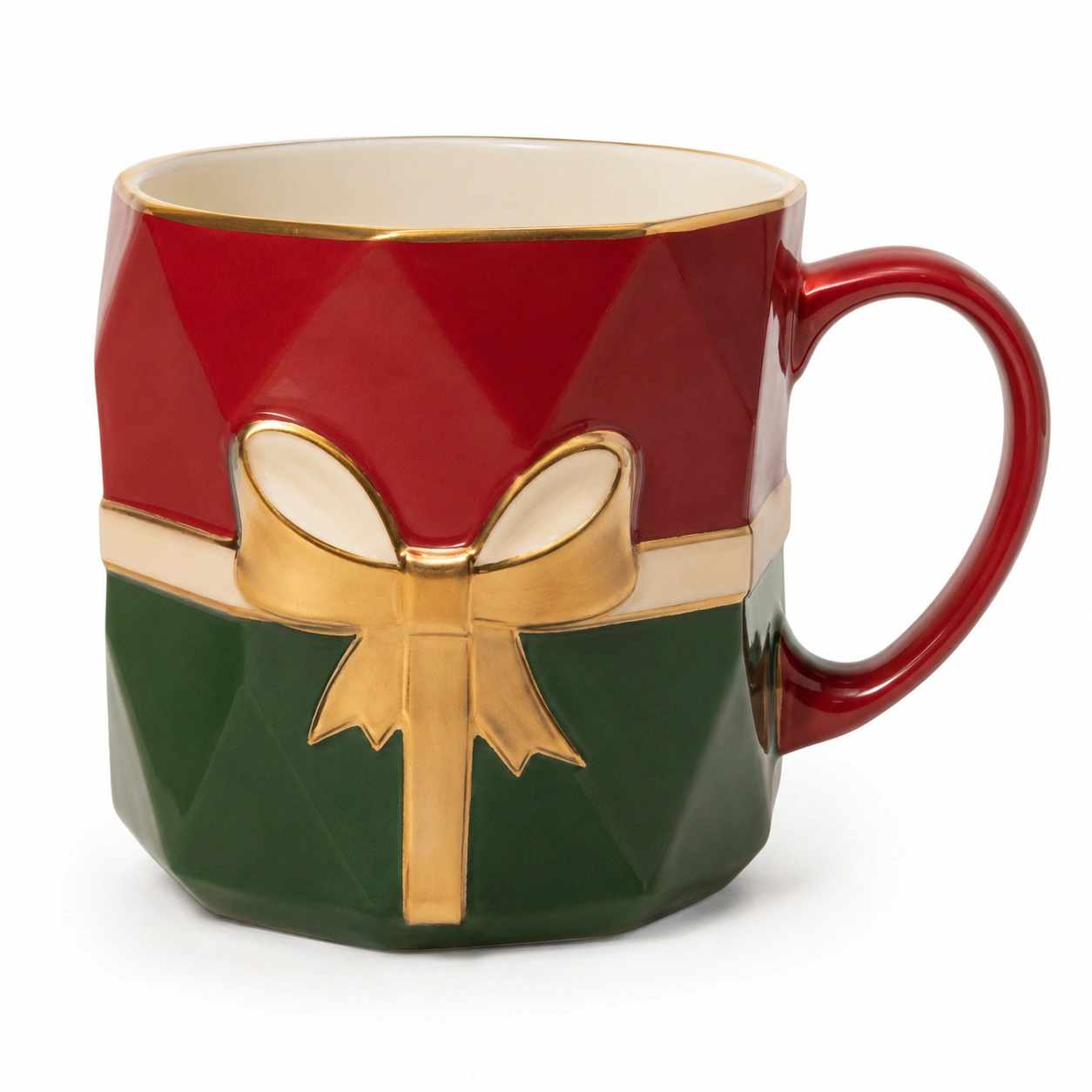 Taza Navideña de Cerámica con Lazo Rojo, Verde y Dorado-BELLOMAISON