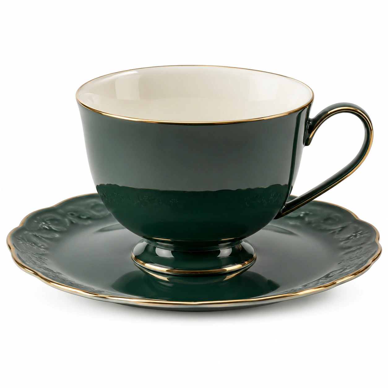 Taza de Cerámica con Plato en Relieve 200 ml Verde con Borde Dorado-BELLOMAISON