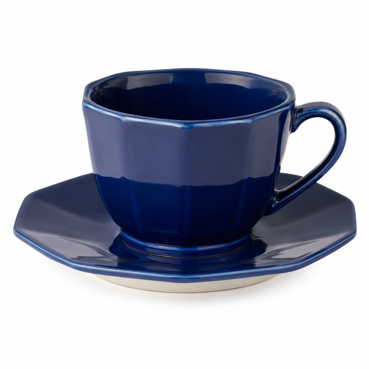 Taza de Cerámica Azul con Plato Octagonal, 200ml-BELLOMAISON