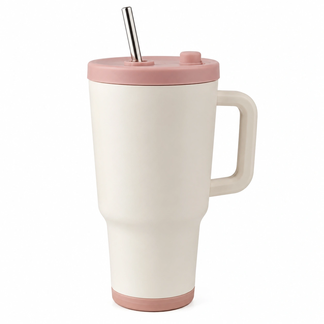 Taza Térmica con Asa y Pajita de Acero Inoxidable Blanco/Rosa-BELLOMAISON
