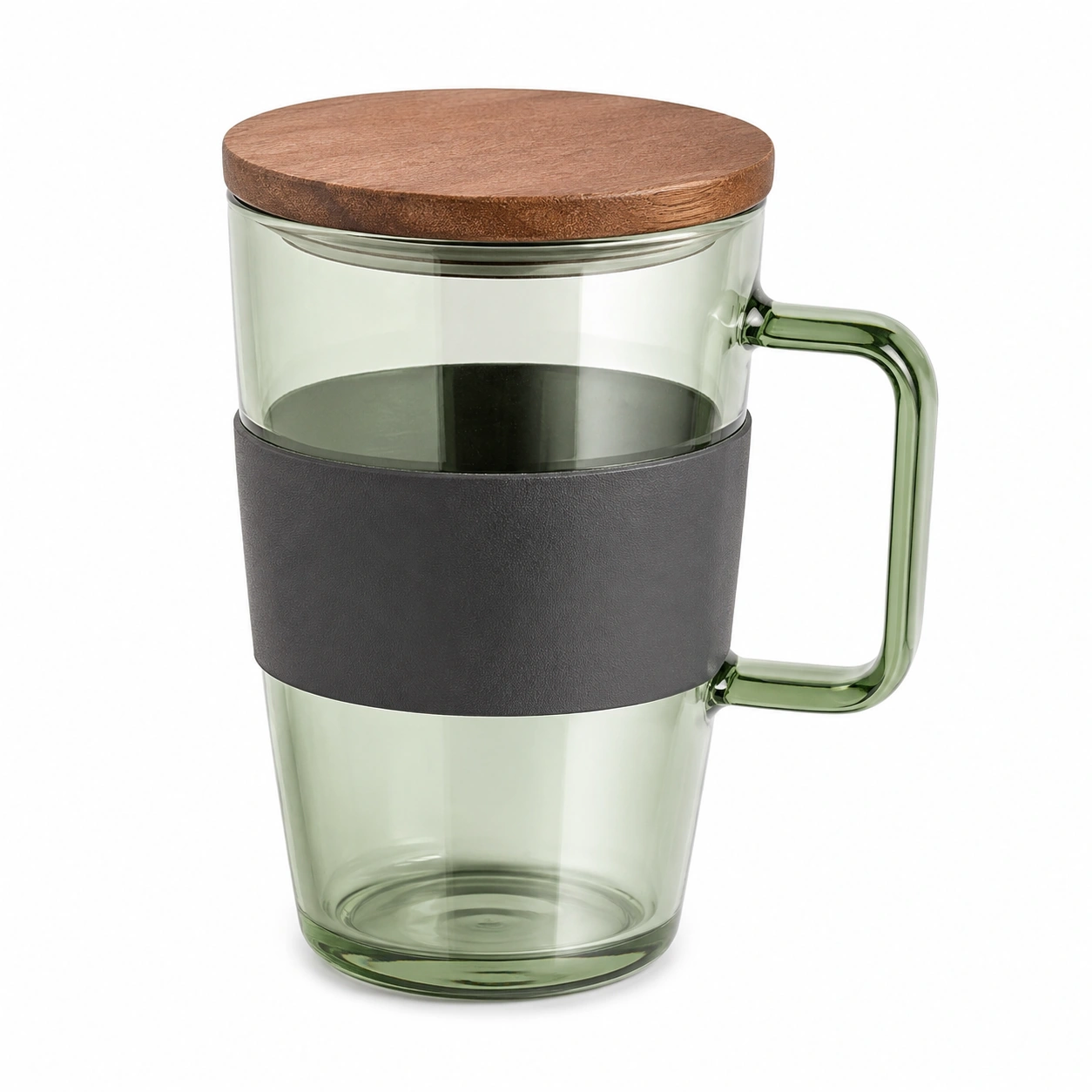 Taza de vidrio con tapa de madera y banda de silicona 500ml verde-BELLOMAISON