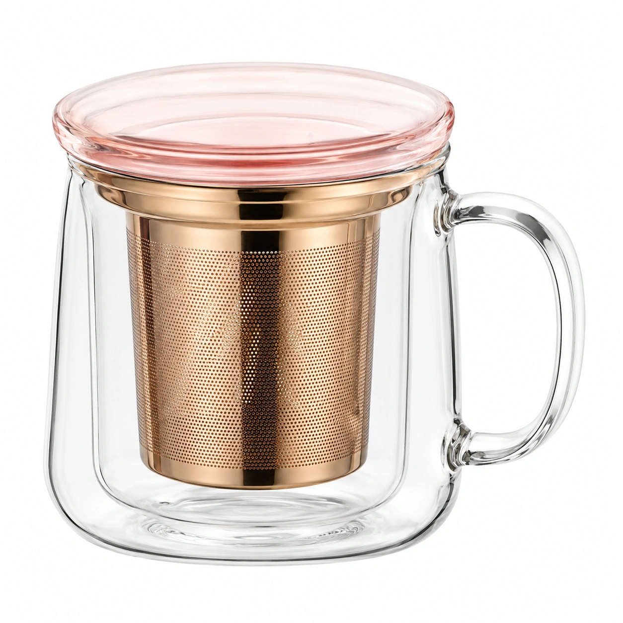Taza de infusión de vidrio con infusor dorado y tapa rosa-BELLOMAISON