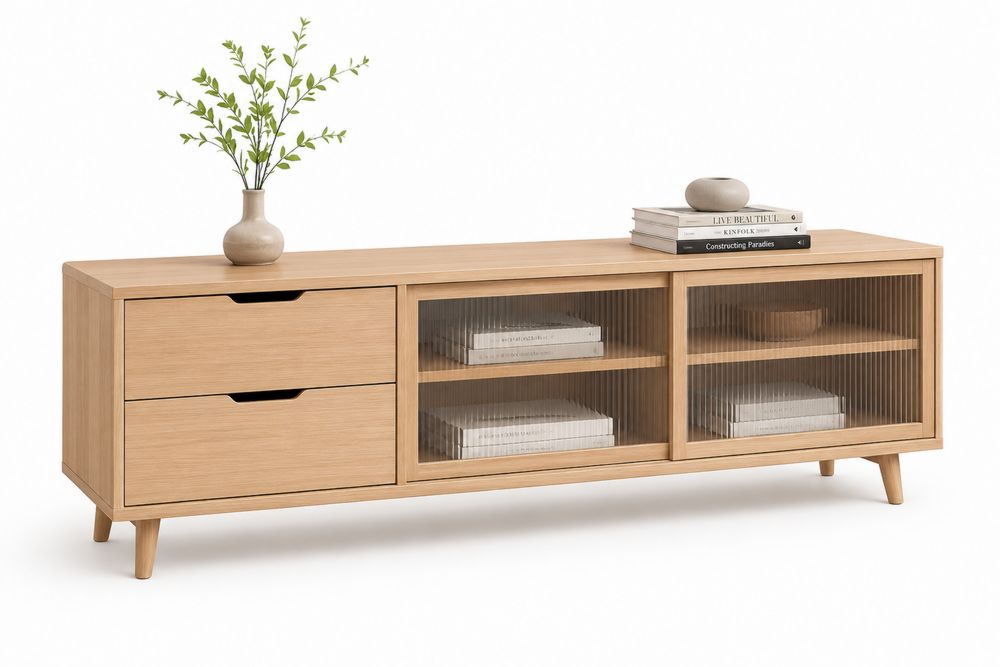 TV-Schrank aus Eichenholz mit 2 Schubladen und geriffelten Glastüren 180x40x50 cm