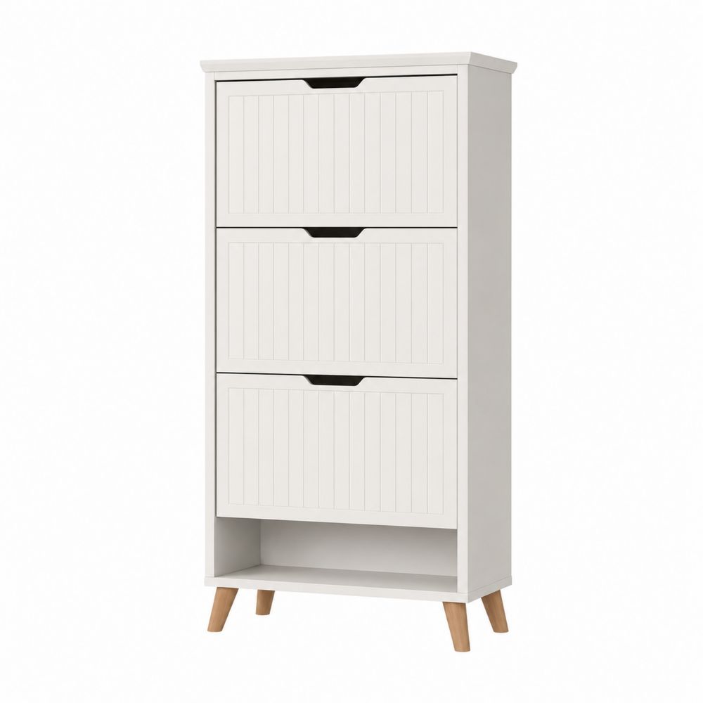 Schuhschrank Weiß mit MDF und Kiefernholz, 3 Klappen, 120cm Höhe
