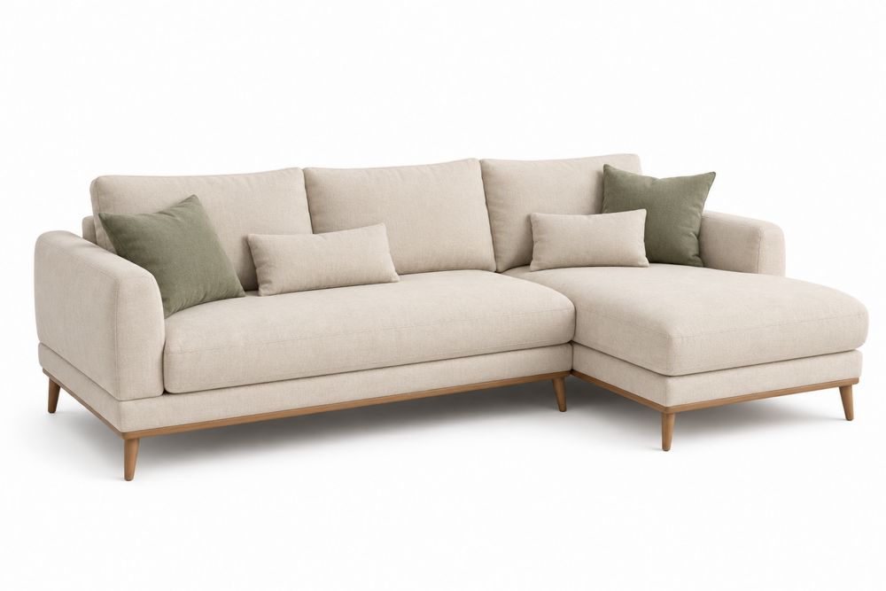 Ecksofa Leinen Beige mit Holzbeinen 250x150 cm