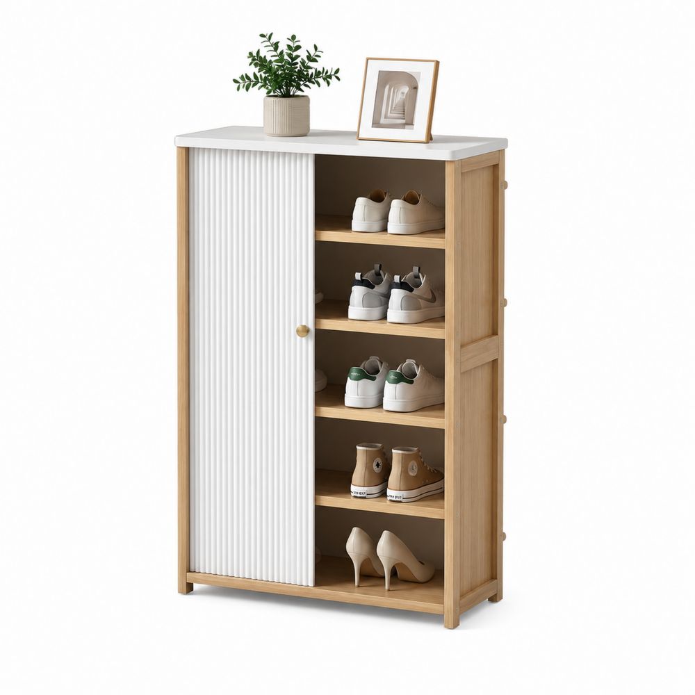 Schuhschrank Holz mit Schiebetür 5 Ebenen Natur/Weiß