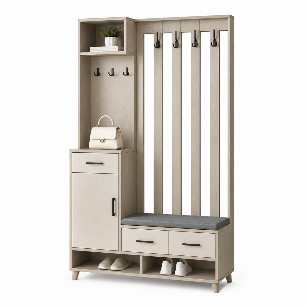 Garderobenkombination mit Schuhregal und Sitzbank aus Sperrholz 200x120x35 cm Beige