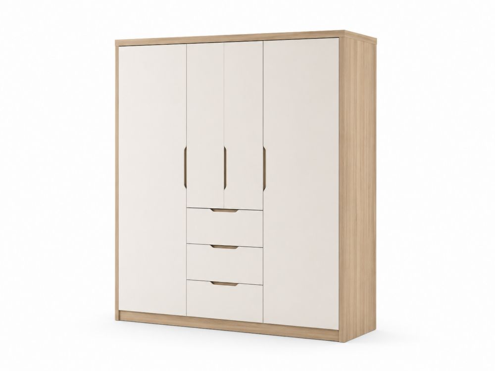 Kleiderschrank mit 3 Türen und 3 Schubladen aus Holz und Melamin Weiß Eiche