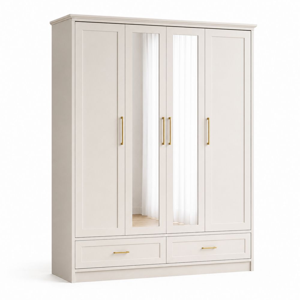 Kleiderschrank mit 4 Türen und 2 Schubladen aus MDF mit Spiegeln in Beige
