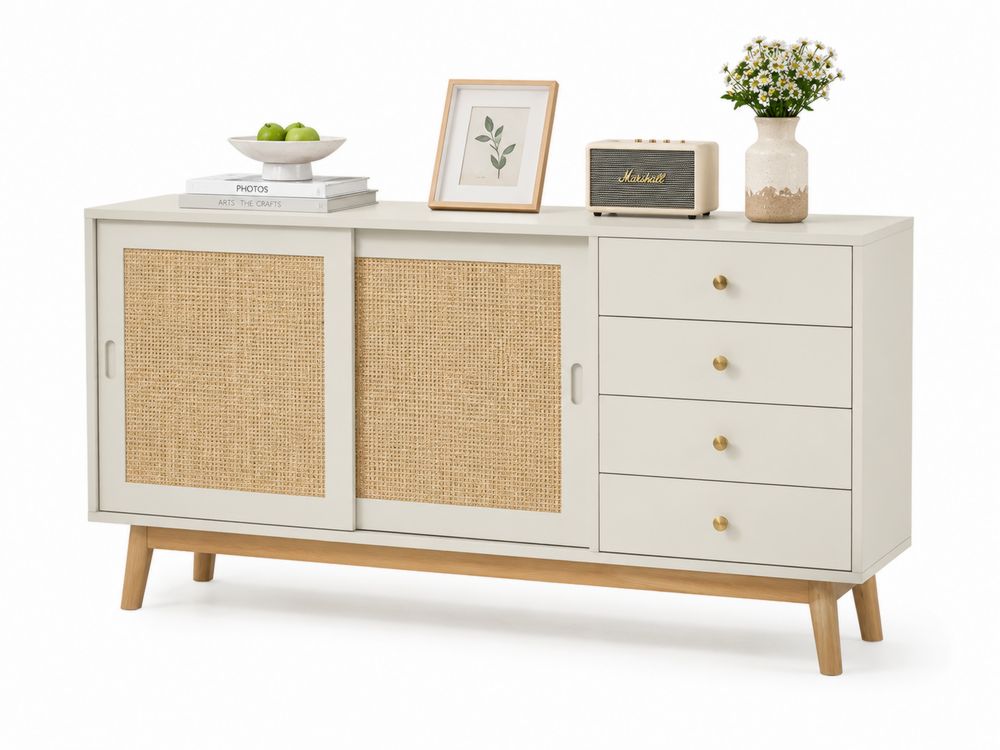 Buffetschrank mit Schiebetüren Holz Rattan Beige