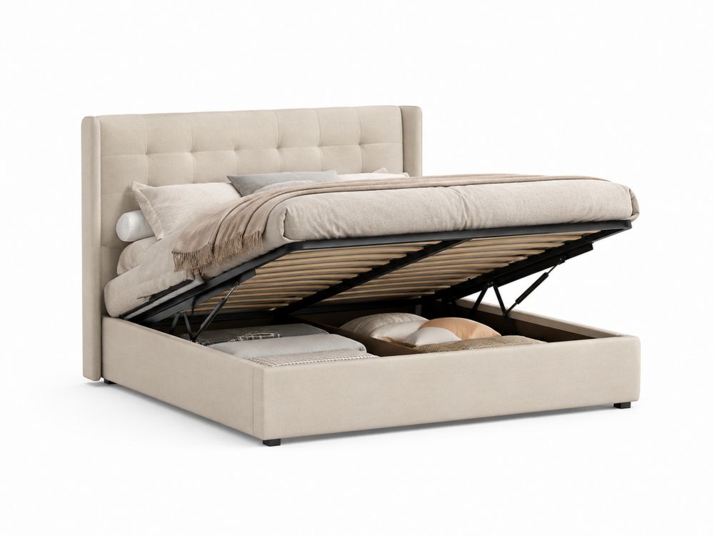 Bettrahmen aus Metall mit Leinenstoffbezug und Stauraum, 200x160 cm, Beige