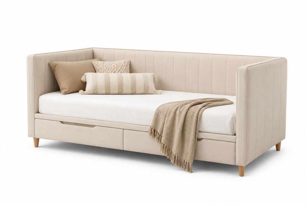 Eckige Tagesbett mit Schubladen Stoff Beige