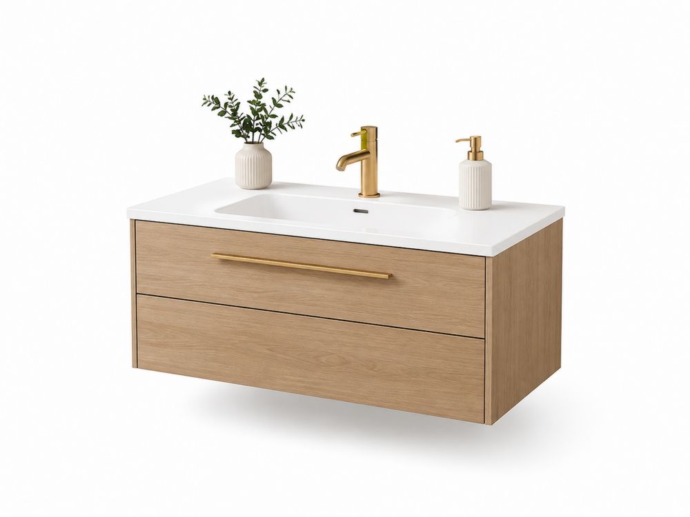 Wandmontierter Waschtischunterschrank aus Holzwerkstoff mit Keramikbecken 80x45x55 cm