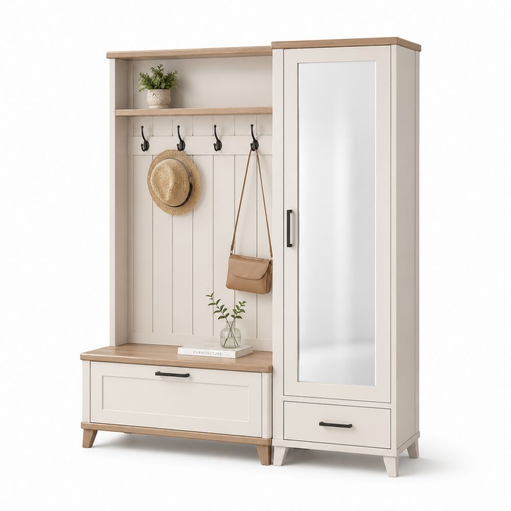 Garderobenkombination mit Spiegel aus MDF und Eichenholz in Creme/Weiß