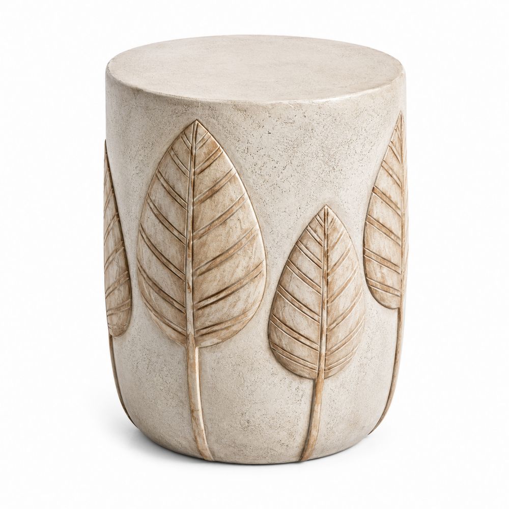 Runder Beistelltisch aus Beton mit Blattdekor Beige 45cm