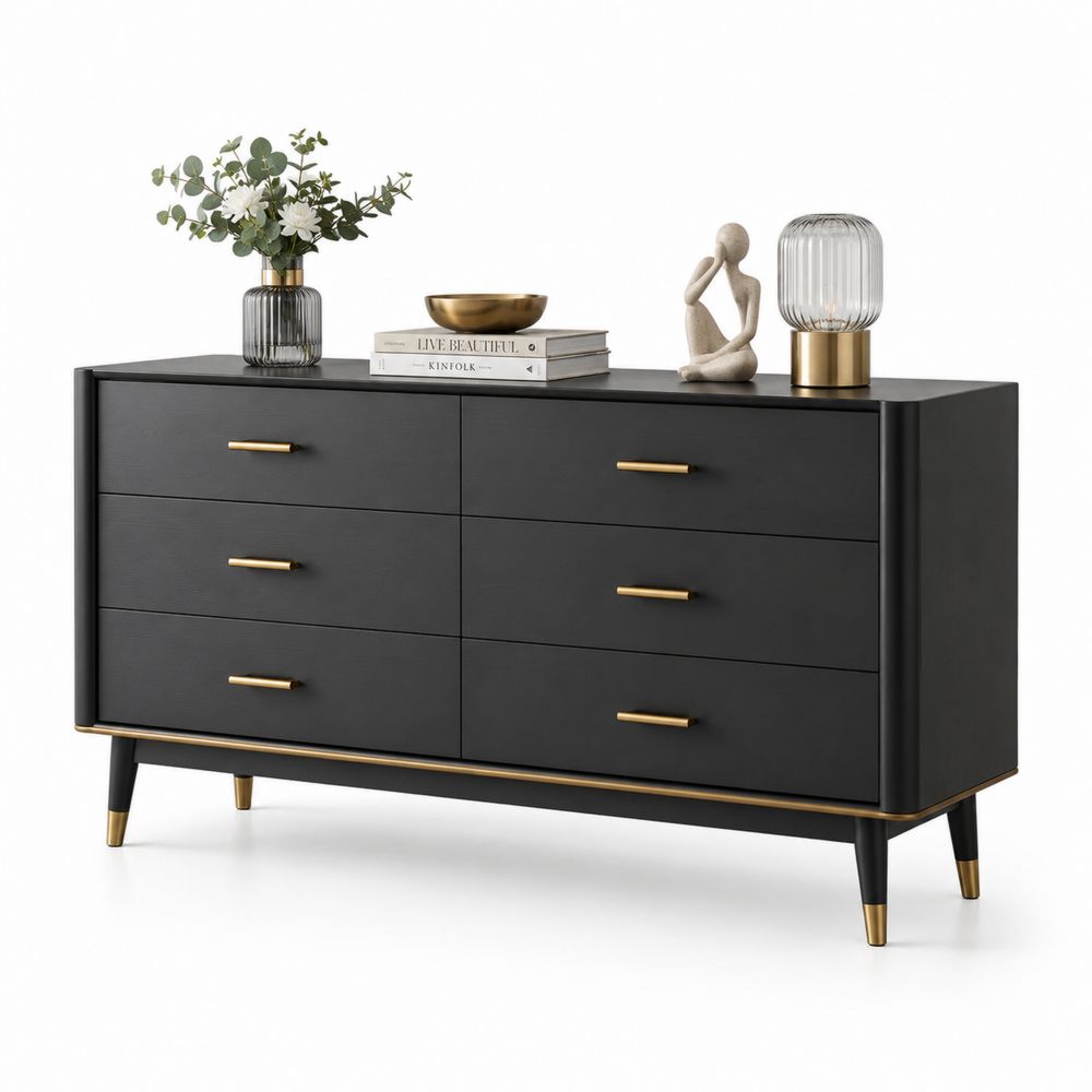 Sideboard mit 6 Schubladen Holz Schwarz/Gold