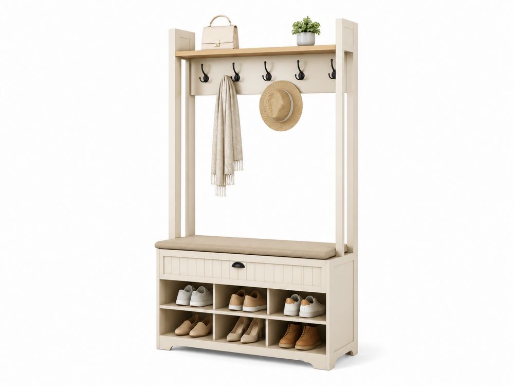 Garderobenbank mit Hakenleiste und Lagerregal aus Holz Beige