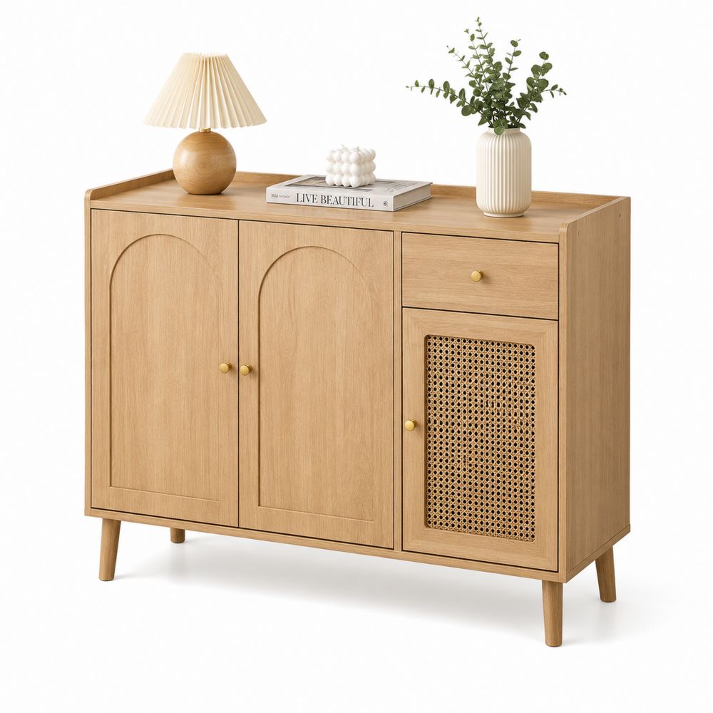 Aufbewahrungsschrank Holz mit Rattan und 1 Schublade Natur 120x80x40cm