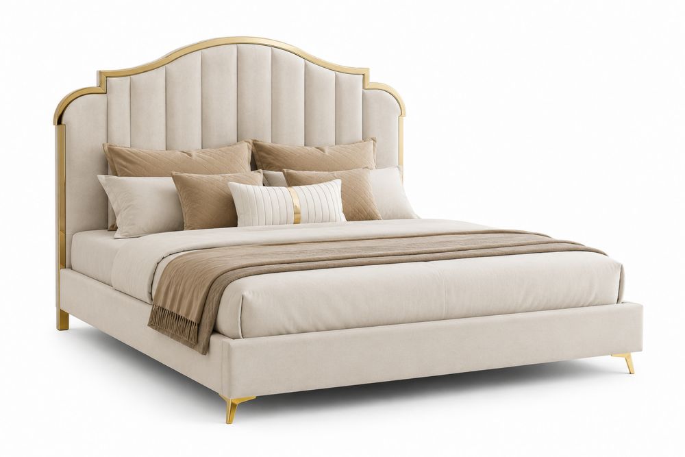 Polsterbett mit Samtbezug und Metallakzenten Beige/Gold 200x180 cm