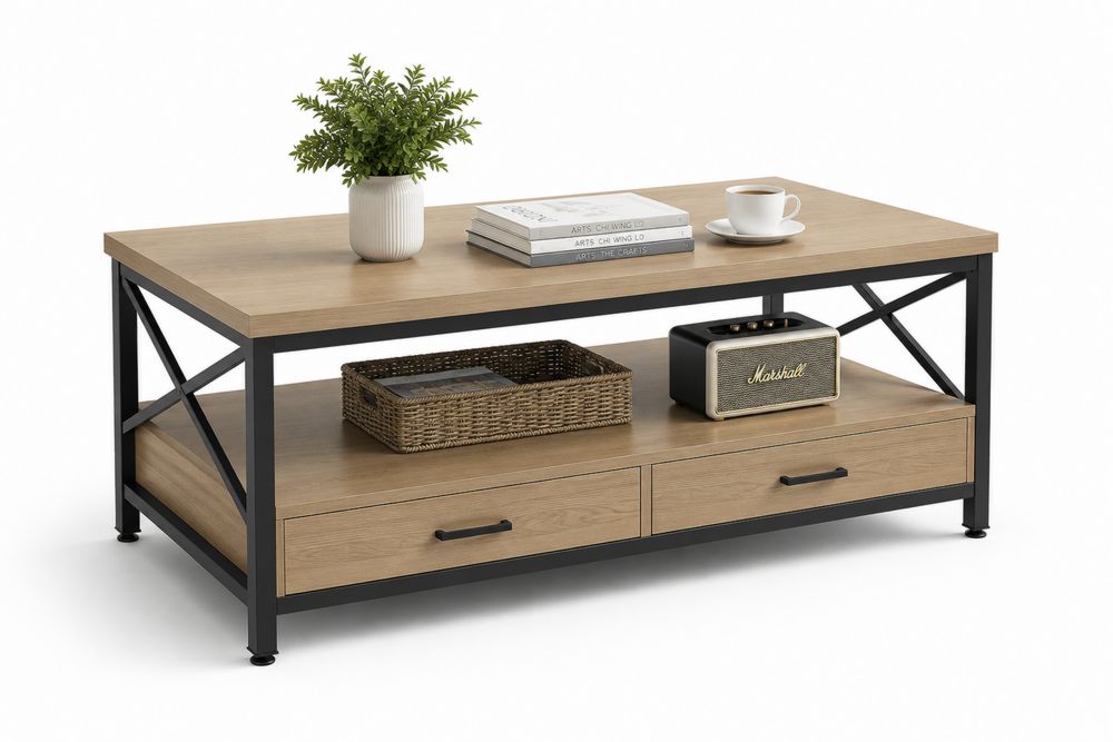 Rechteckiger Couchtisch mit Metallgestell und Eichenholz