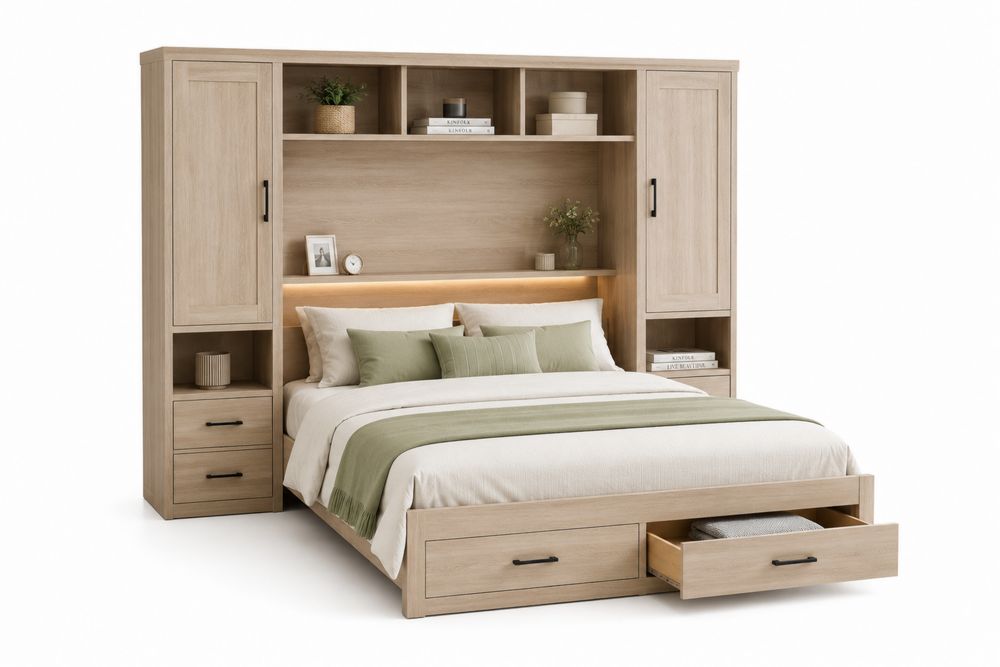 Eichenholz Bett mit Stauraum und Kopfteilregalen, 160x200 cm