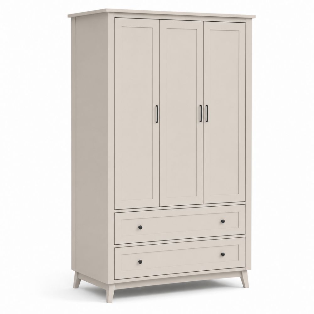 Holz Kleiderschrank mit 3 Türen und 2 Schubladen Beige