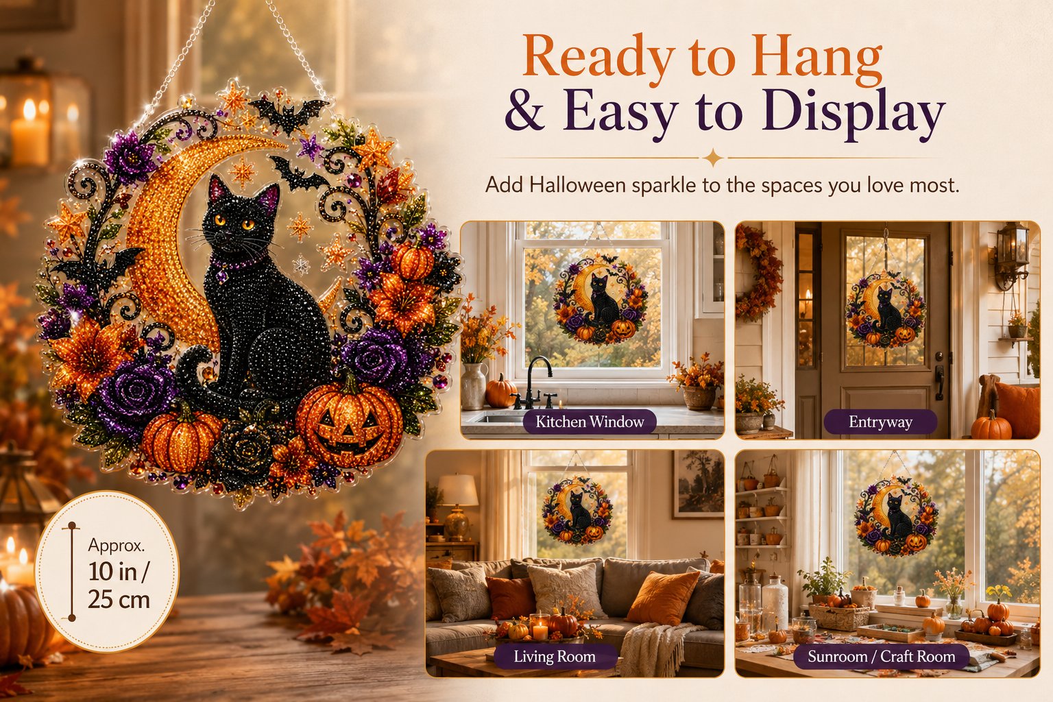 Black Cat Moon Diamond Art Hanging Ornament Kit – Relaxing DIY Halloween Craft 🎃💎