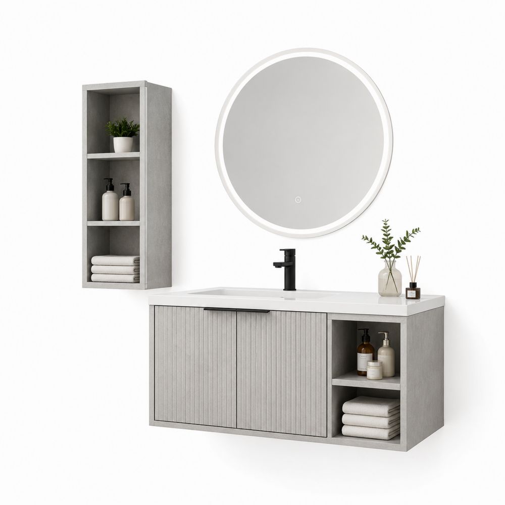 Badezimmer-Set aus MDF mit Spiegel und Regal in Grau