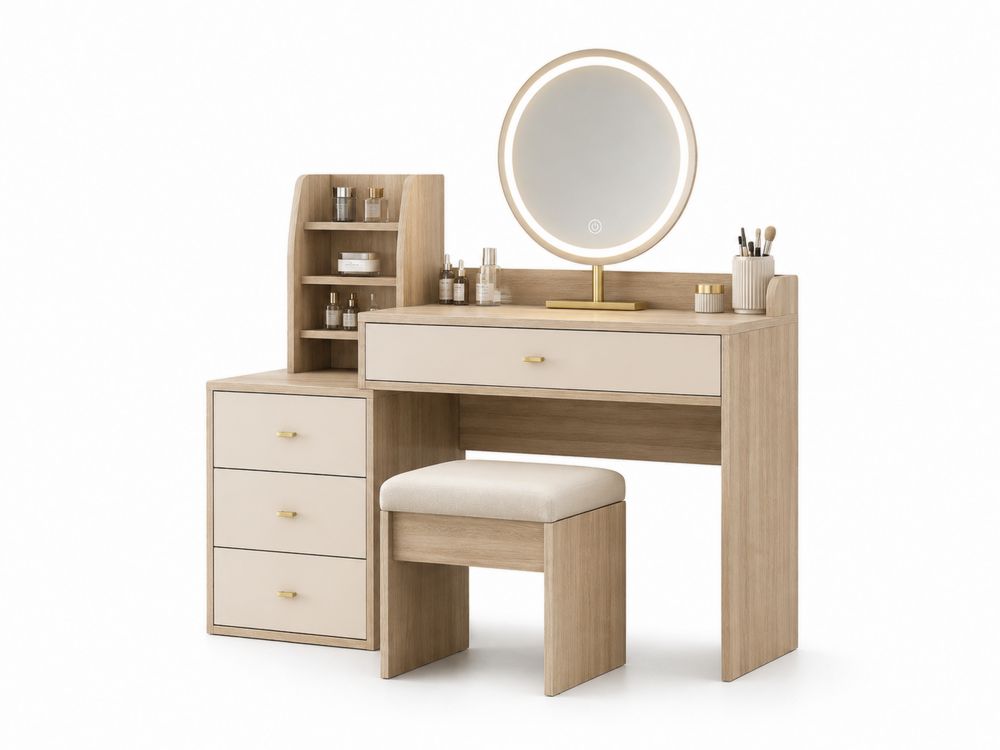 Schminktisch Set mit LED Spiegel aus Eiche und Leinenpolster in Beige
