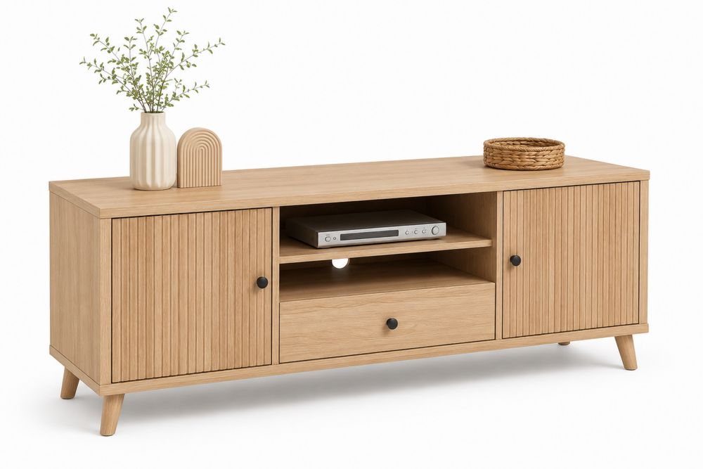 TV-Lowboard Holz Eiche-Optik 160x40x50cm mit Türen, Regalen und Schublade