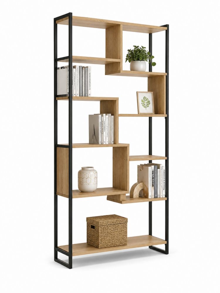 Bücherregal MDF mit Eichenfurnier und Metallrahmen 180x80x30 cm