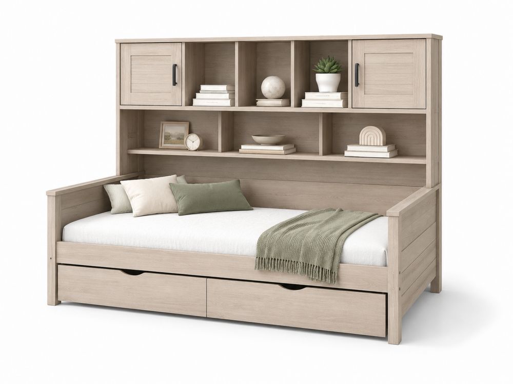 Holztagesbett mit Regalaufsatz und Schubladen, Beige