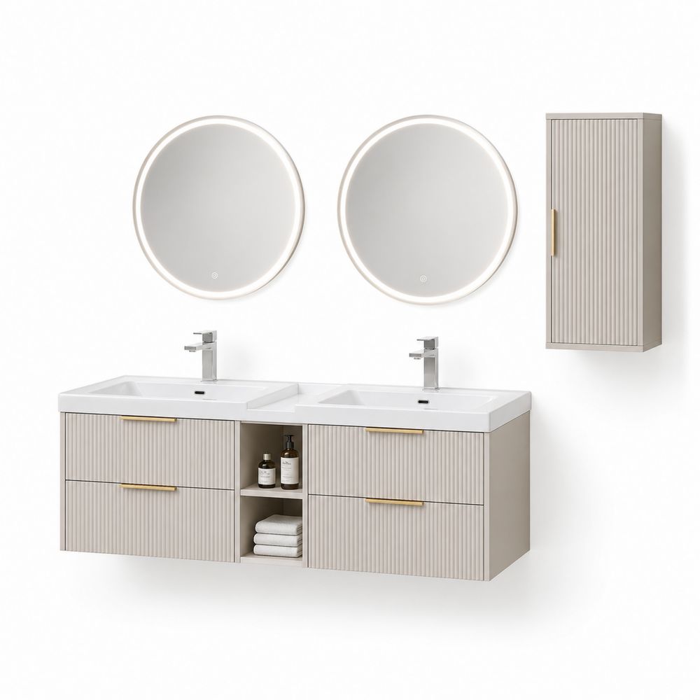 Beige Wandmontierter Waschtischunterschrank mit Keramikbecken und LED-Spiegeln 180 cm