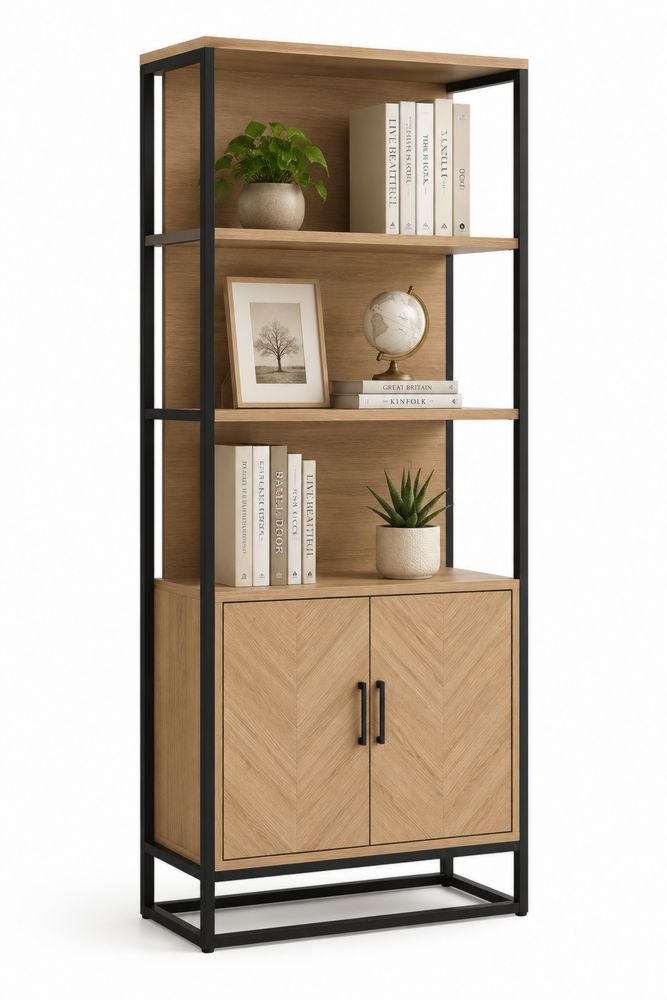 Bücherregal aus Holz und Metall mit Schrank, Eiche Schwarz