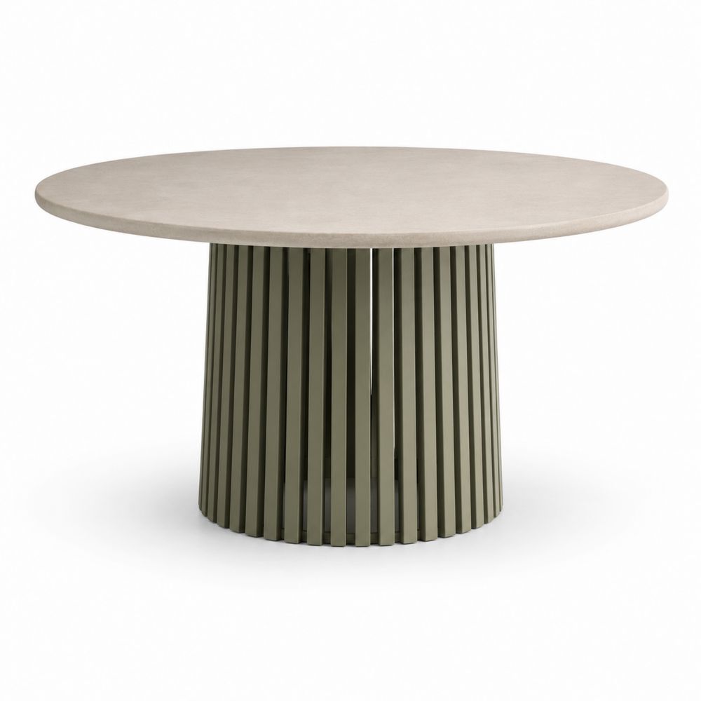 Runder Tisch mit Zementplatte und Aluminiumfuß, 150 cm, Zementfarben/Oliv