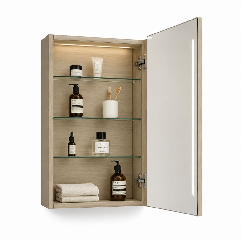 Eiche-Badezimmerspiegelschrank mit LED-Beleuchtung, Spiegelglastür, 60x15x75cm
