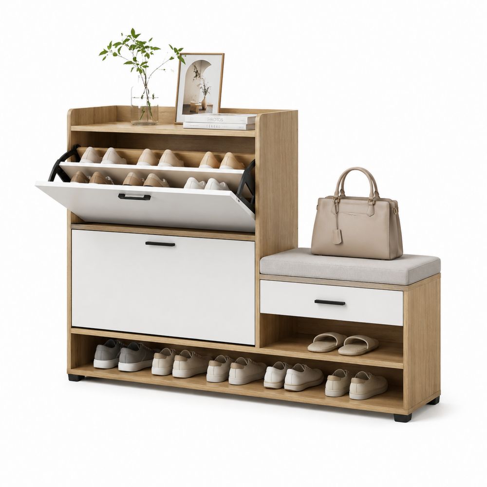 Schuhregal mit Sitzbank Holzoptik Weiß Eiche 100x30x90 cm