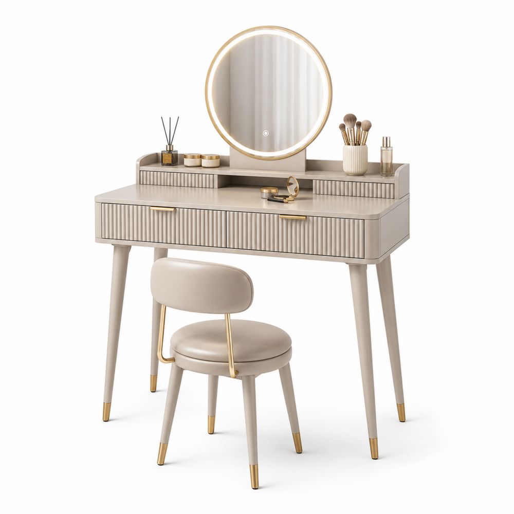 Kosmetiktisch-Set mit Spiegel und LED Beleuchtung Beige