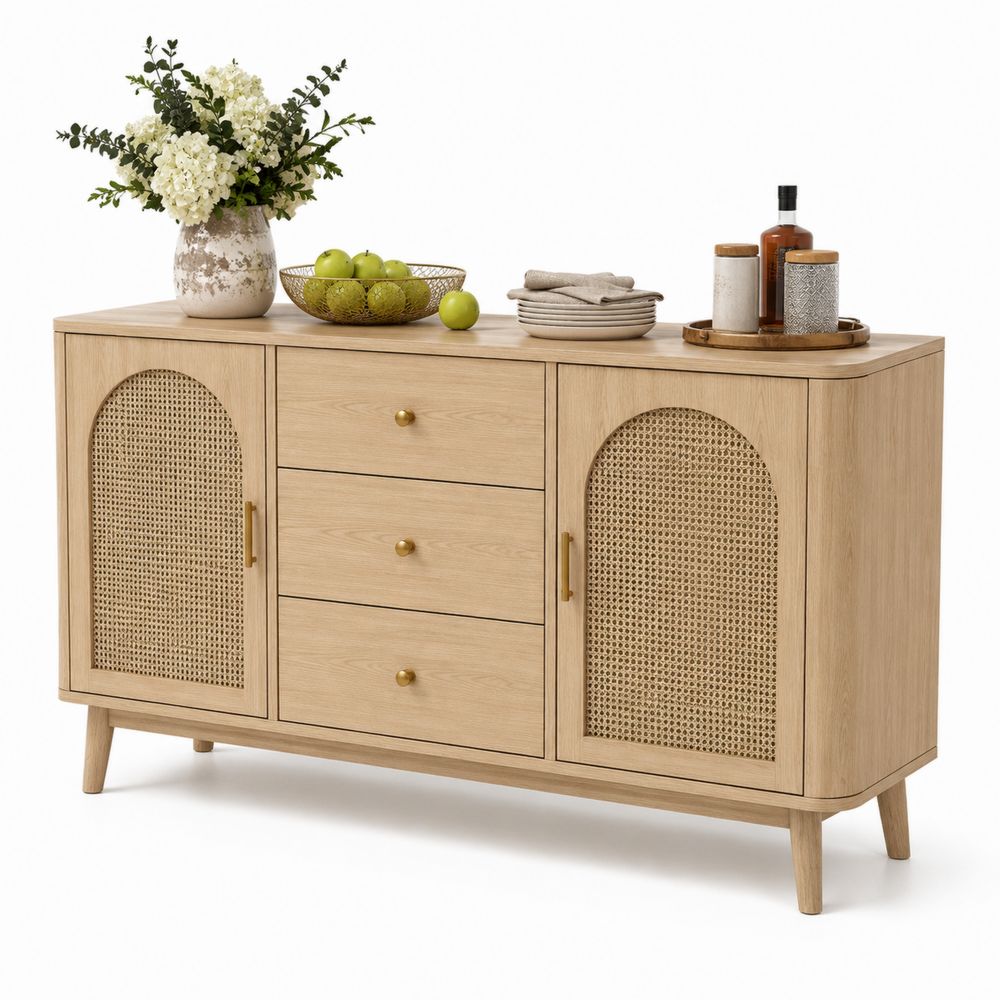 Holz-Sideboard mit Rattan und Metallgriffen, 3 Schubladen, Natur