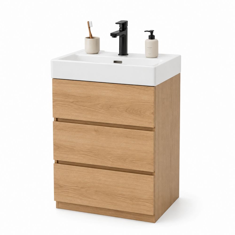 Waschtischunterschrank mit Keramikwaschbecken 50cm Eiche und Weiß