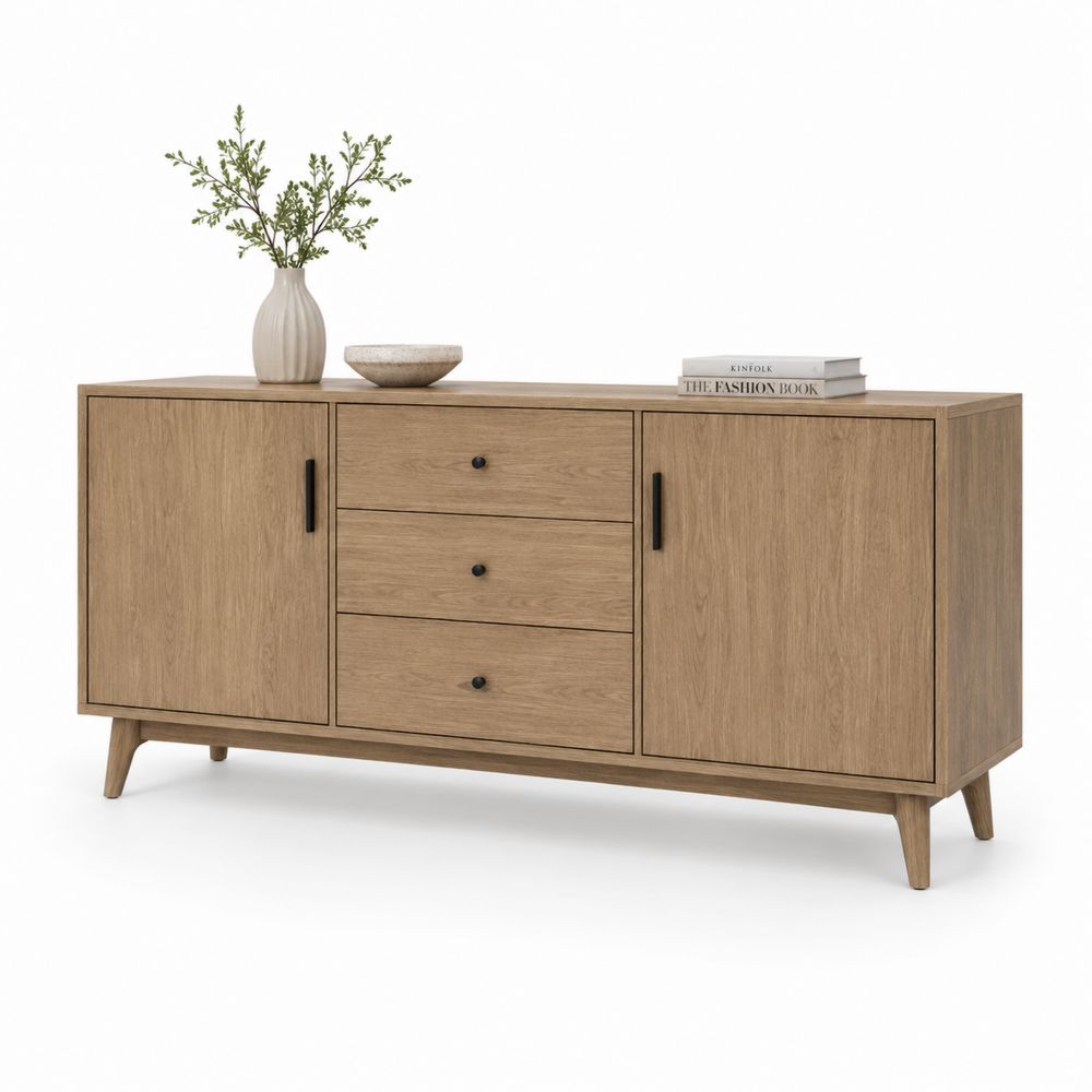 Sideboard aus Eichenfurnier mit 2 Türen und 3 Schubladen, Eiche