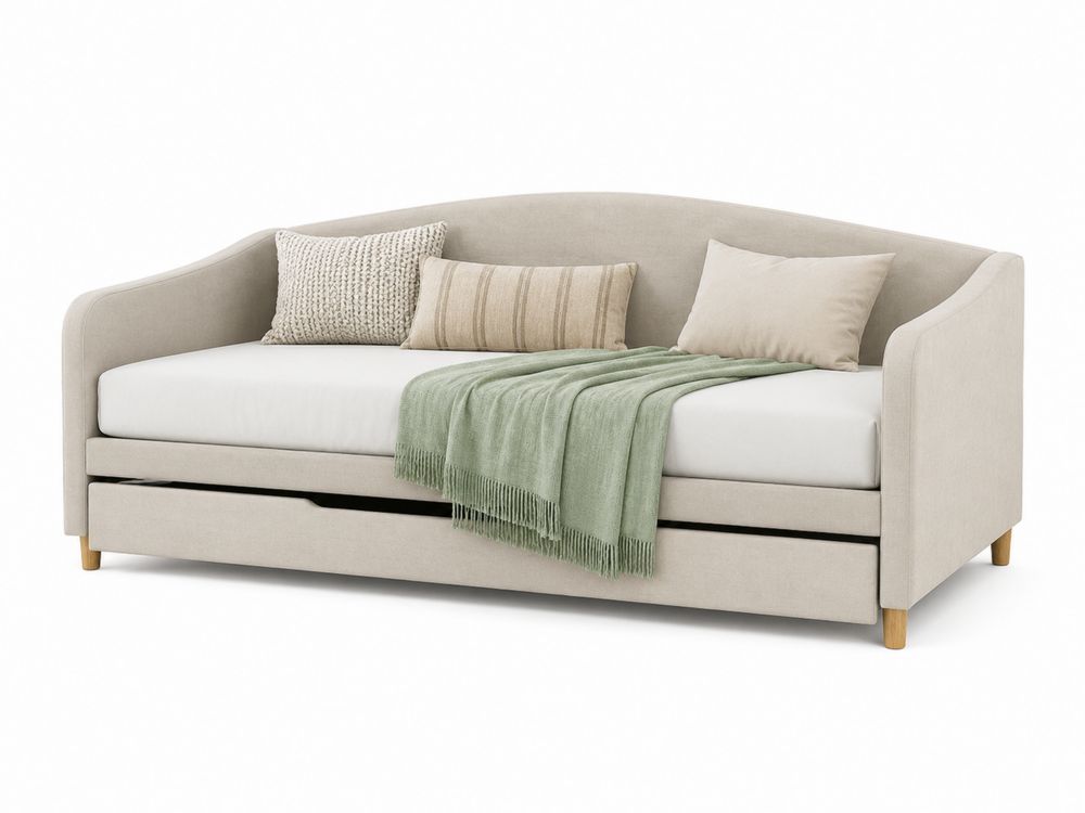 Tagesbett Bettsofa mit Ausziehbett Leinenstoff Massivholz Beige