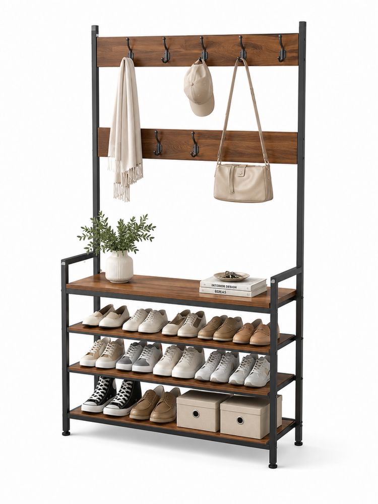 Garderobenkombination mit Schuhregal und Haken aus Metall und Holz in Schwarz/Braun