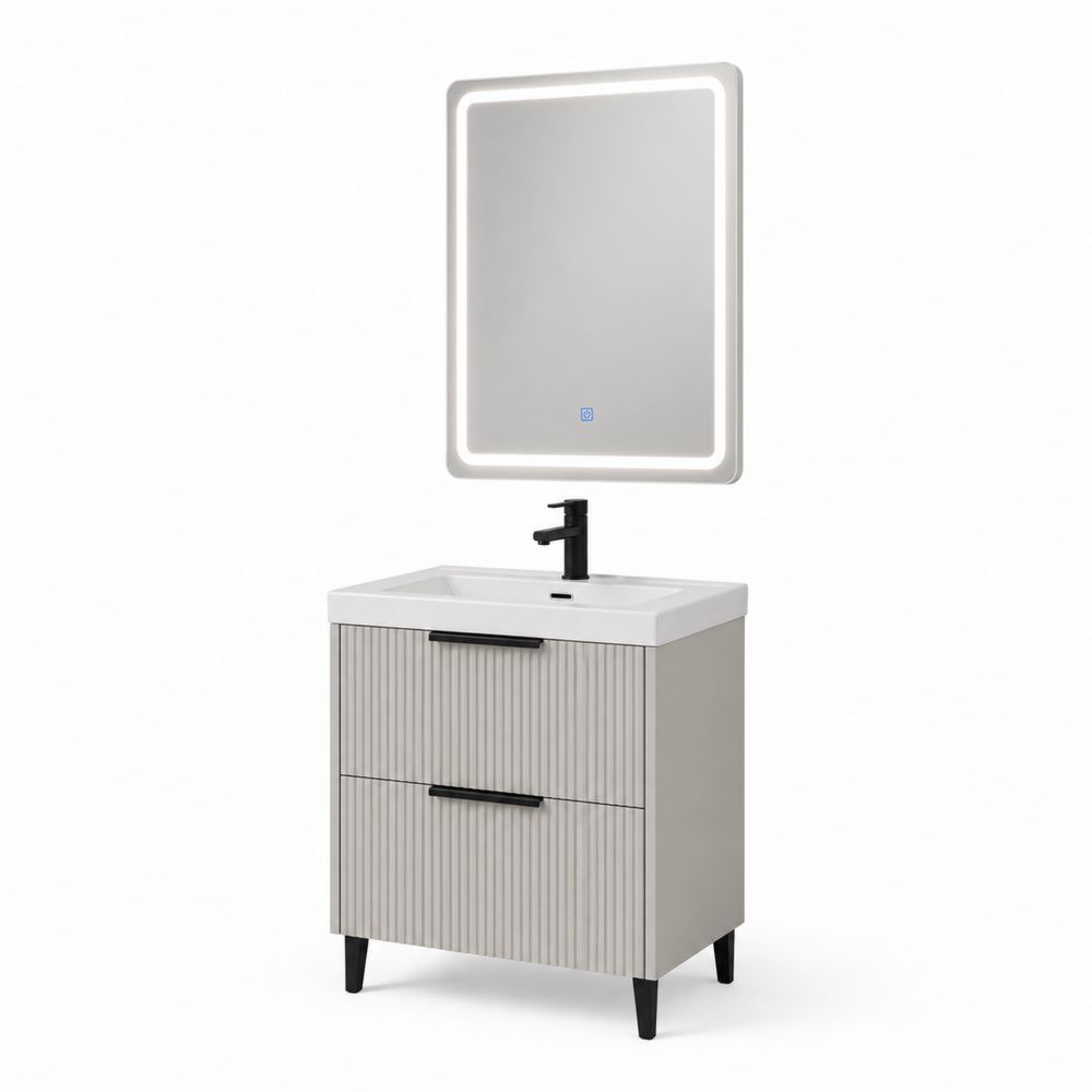 Waschtischunterschrank Set mit LED Spiegel Holz MDF Hellgrau