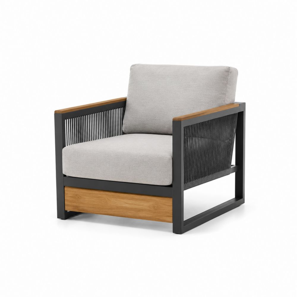 Clubsessel aus Aluminium und Teak mit grauen Polstern