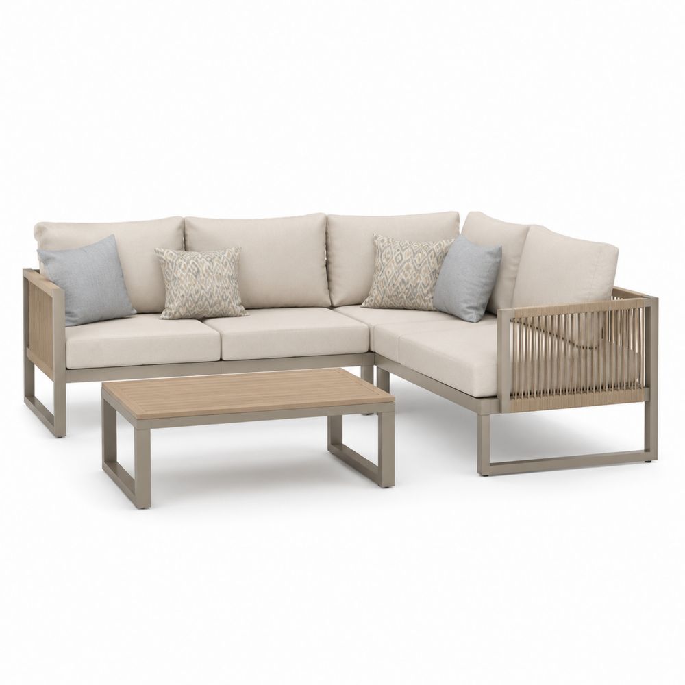 Eck-Lounge-Set aus Aluminium mit Tisch aus Polyholz in Beige